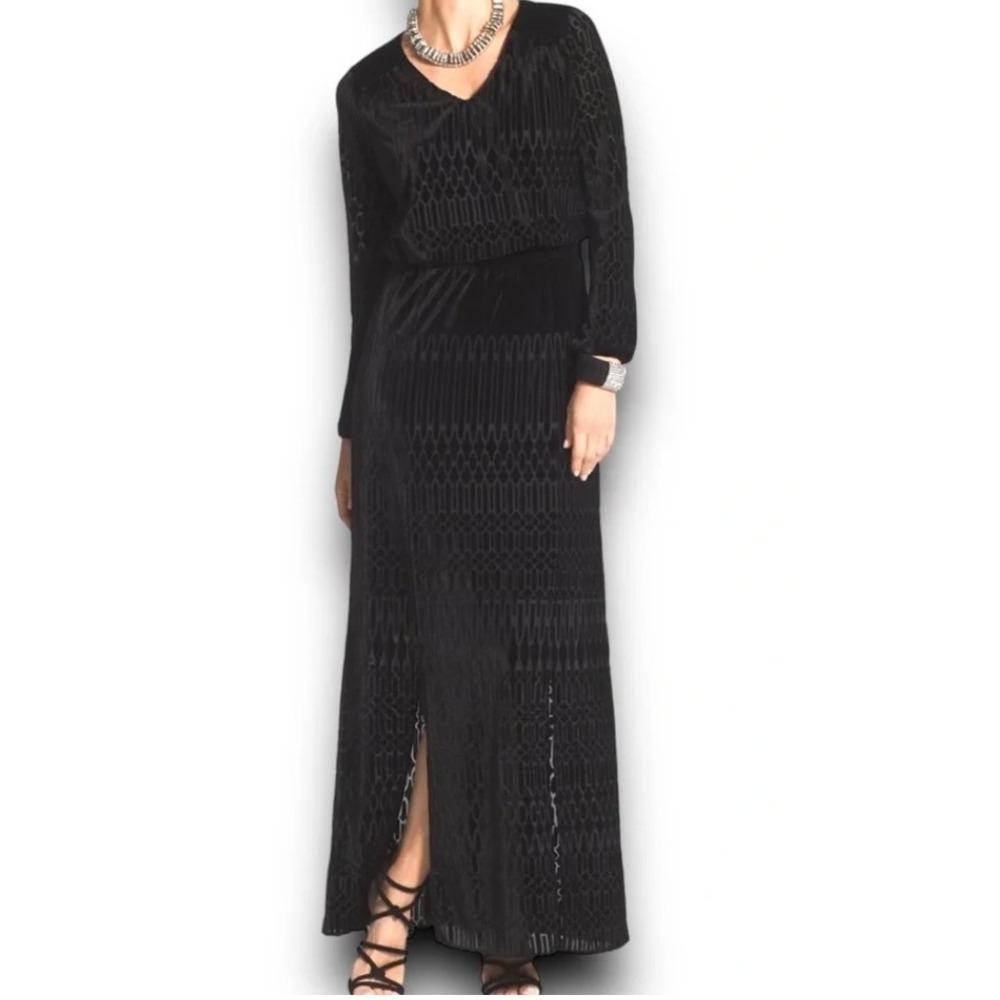 Chico's Women M‎ Black Velvet Burnout Maxi Dress Sleeve Formal Evening Holiday
